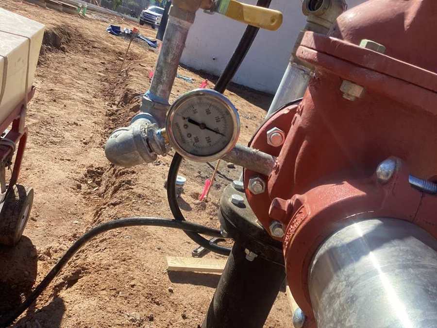 Hydrostatic test gauge on a new fire service line