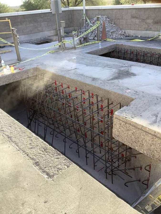 Rebar cage set in a fine screen channel